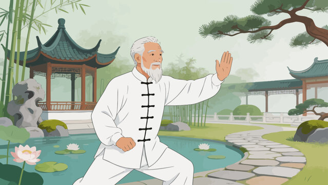 Elderly man practicing tai chi in garden
