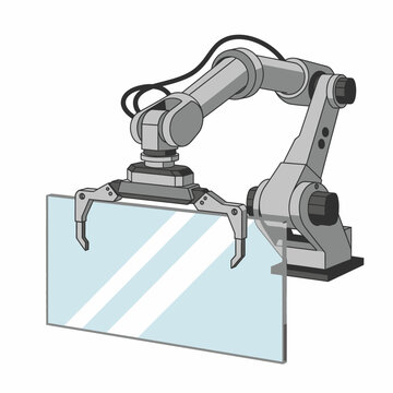 Industrial robotic arm holding a clear glass panel with gripper clamps