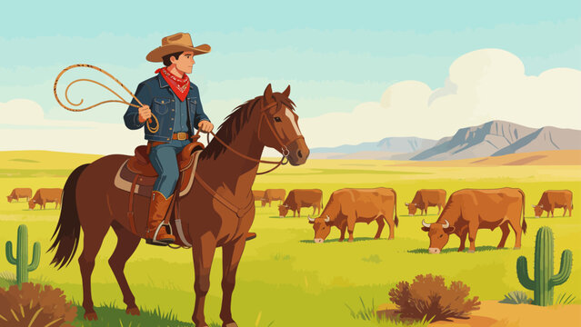 Cowboy on horse with cattle in field