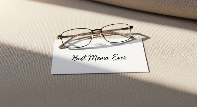 Best Mama Ever greeting card with reading glasses, elegant Mother's Day message on textured paper, minimalist gift concept for mom with soft shadows