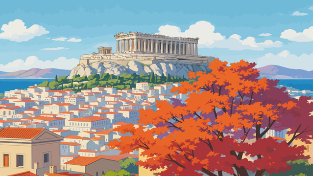 Ancient Greek cityscape with temple