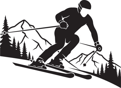 Skiing, Skier, Mountain Sports, Winter Vector Illustration, Black Silhouette