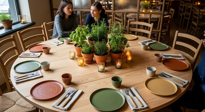 Round dining table with place settings herb pots and candles for dinner.