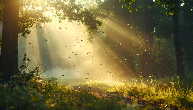 A swarm of insects flies through sunbeams in a forest clearing