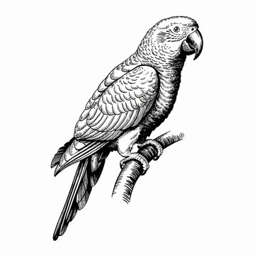 Parrot Side View Hand Drawn Illustration Vintage Engraving Style
