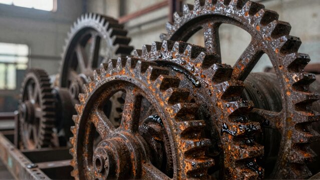 Rusty Industrial Gears Mechanism in Old Factory