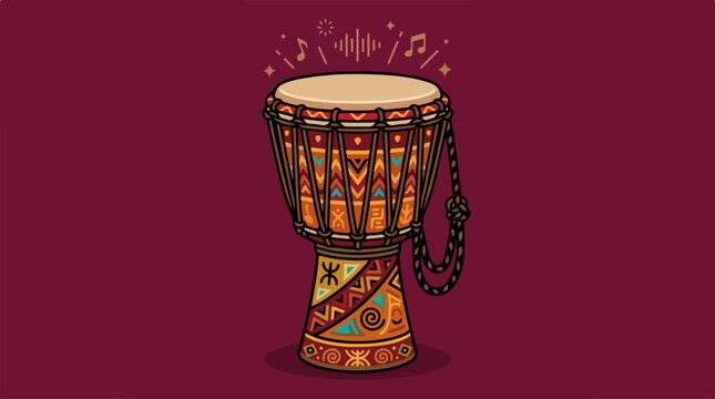 Colorful hand drawn djembe drum illustration on dark background.