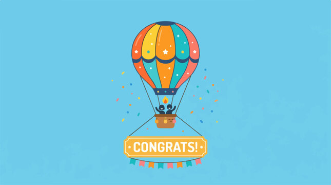 Colorful Hot Air Balloon with Congrats Banner Illustration.