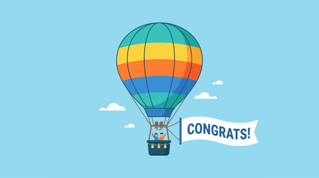 Colorful hot air balloon with congrats message banner.
