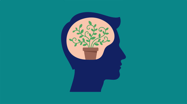 Conceptual illustration of a human head containing a growing plant in a pot representing mental growth and mindfulness.