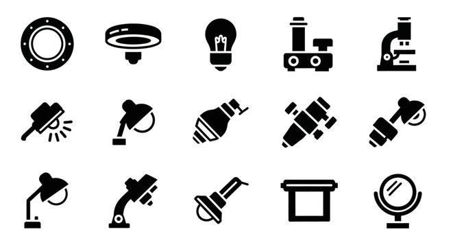 Black and white laboratory equipment icons, microscope, light bulb, science symbols, 15 vector graphics