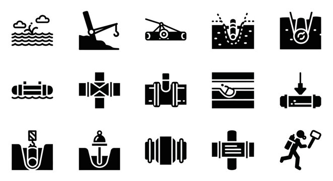 Industrial, Construction, Pipe, Fitting, Valve, Icon Set, 16 Black and White Symbols