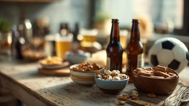 Rustic table with snacks and drinks for a football game party