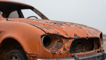 Fototapeta premium Abandoned Rusty Orange Vintage Car Closeup