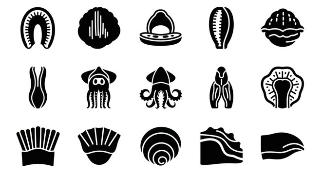 Black Sea Shell Icons, Ocean Shells Vector Set, 16 Shell Illustrations, Beach Symbols
