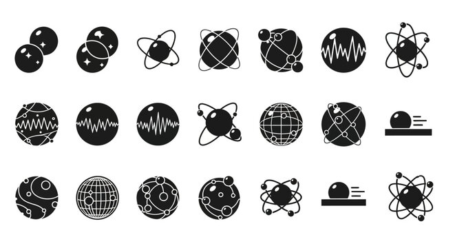 Science, Technology Icons, Atomic Symbols, Black Vector Graphics, 20 Elements
