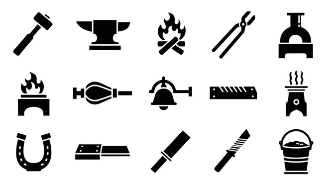Blacksmithing tools, black icons, 16 silhouette symbols, vector graphics, industrial equipment, metalworking instruments