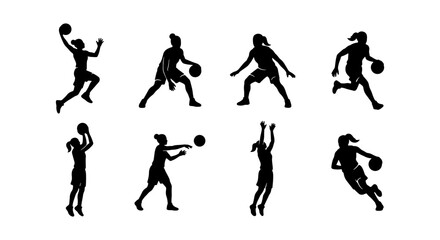 Female Basketball Player Silhouettes, Dynamic Action Poses, Sports Vector Collection, Athletic Women Playing Ball, Game Graphics © Hasan