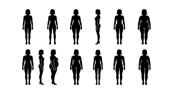 Diverse Female Body Silhouettes Collection, Front and Side Views, Vector Icons for Health, Fitness, and Fashion Concepts