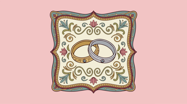 Elegant wedding rings illustration with floral decorative frame.