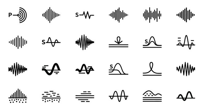 Sound wave icons, audio signal symbols, waveform graphics, black vector set