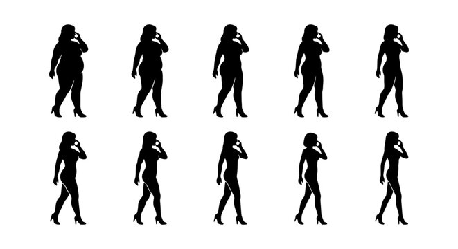 Silhouette Woman Body Transformation Stages, Weight Loss Journey Progression, Fitness Health Evolution, Diverse Body Types, Black Vector Icons