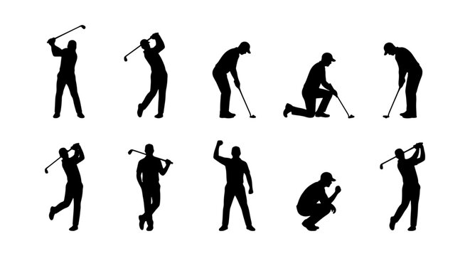 Golf Player Silhouettes: Dynamic Action Poses, Swing Sequence, and Victory Celebration Vector Icons for Sports Graphics