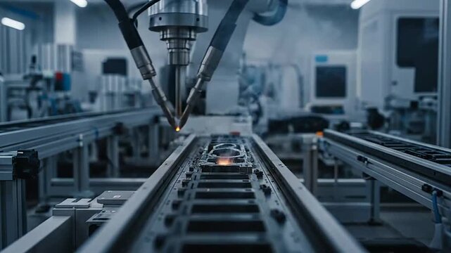 Industrial robot arm welding metal components on automated assembly line