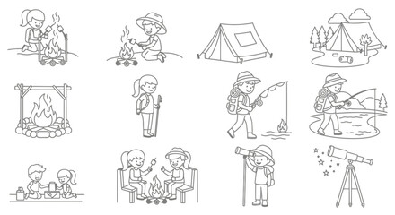 Obraz premium Black and white line art illustrations of camping and outdoor activities.