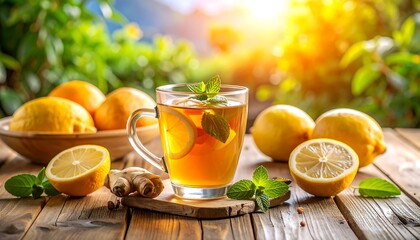 Fototapeta premium Refreshing close-up showing a glass cup of tea with lemon and mint, surrounded by ripe lemons, ginger, and fresh green foliage