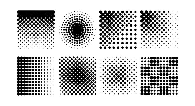 Halftone Dot Patterns, Geometric Gradients, Retro Screen Printing Textures, Black and White Vector Graphics Set