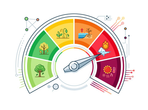 An infographic displays a speedometer gauge with various environmental icons and colors.