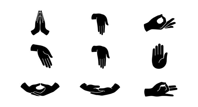 Yoga Mudra Hand Gestures, Meditation Poses, Spiritual Symbols, Namaste Icon Set, Black Silhouette Vector Collection