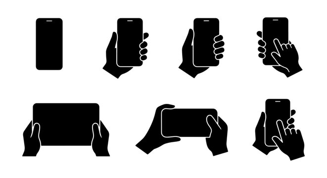 Smartphone hand gestures silhouette set, mobile phone touch screen icons, 7 vector elements for app interface design and user experience