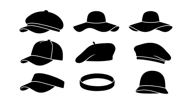Black hat silhouettes collection, set of 9 fashion headwear icons, stylish summer sun hats and winter berets, classic baseball cap and visor vector