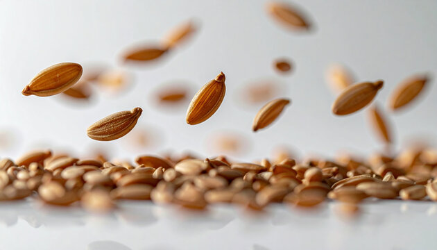 Close-up of falling wheat grains against a bright white background studio shot