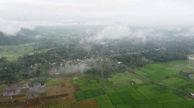 Aerial view using a drone, morning atmosphere in a small village, in West Sumatra, Indonesia