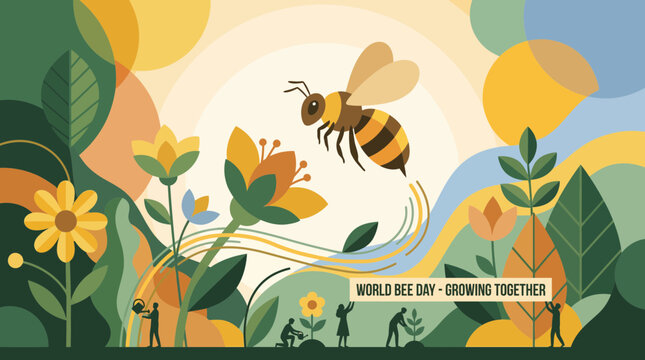 World Bee Day Illustration with Honeybee and Gardening Silhouettes