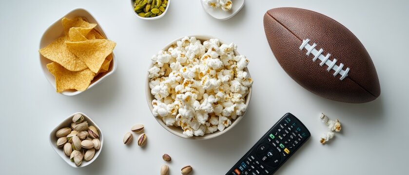 Flat lay of snacks and football with remote control on table