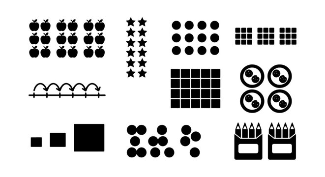 Math Counting Elements Set: Apples, Stars, Circles, Squares, Pencils, Number Line, Vector Icons for Education and Learning Resources