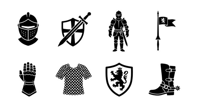 Medieval Knight Armor Icons Set, Medieval Warrior Equipment Vector Graphics, Historical Combat Gear Symbols, Royal Heraldry Emblem, Black Silhouette Collection