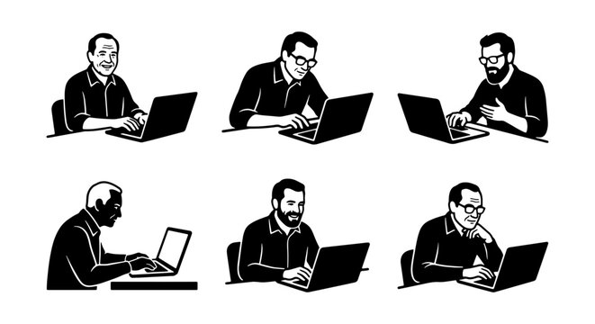 Diverse Business Professionals Typing on Laptops, Set of 6 Vector Icons for Digital Communication and Office Work