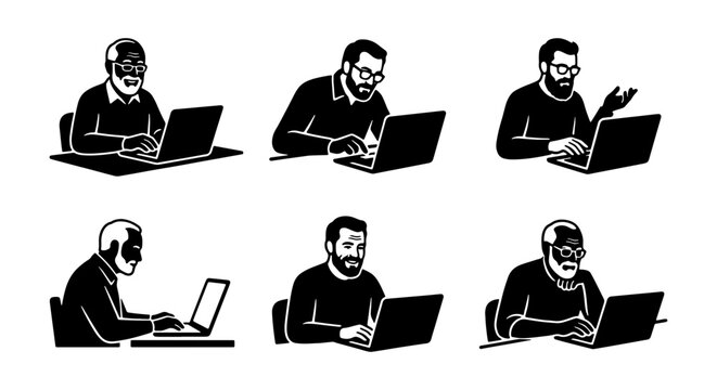 Diverse Men Working on Laptops, Business Professionals Typing and Coding, Digital Nomad Lifestyle Illustrations, Set of 6 Vector Icons