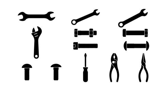 Vector Icons: Wrench, Bolt, Screw, Pliers, Screwdriver Set for Repair and Construction Graphics