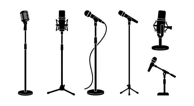 Retro Microphone Collection, Vintage Studio Equipment Set, Classic Audio Recording Gear Icons, Black Silhouette Vector Graphics