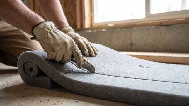 Worker Cutting Insulation Material with Utility Knife &ndash; Home Renovation and Energy Efficiency Concept