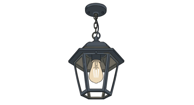 Classic black outdoor hanging lantern with edison bulb illuminating a warm glow against a clean white background