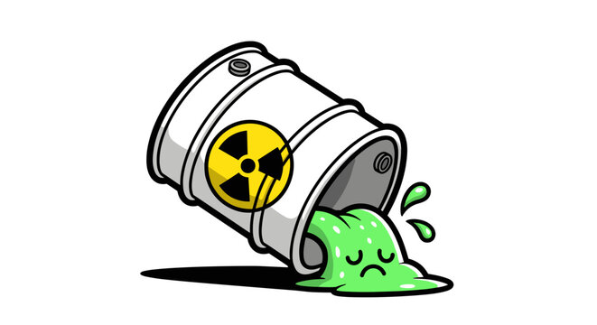 Spilled radioactive toxic waste barrel with sad green liquid leaking out symbolizing environmental hazard and pollution