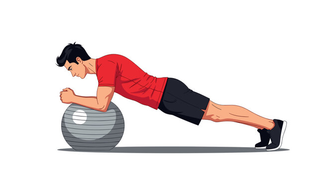 Athletic man performing plank exercise with stability ball on forearms focusing on core strength and fitness white