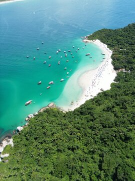 Aerial view of Campeche Island with turquoise water in Florianopolis, Brazil